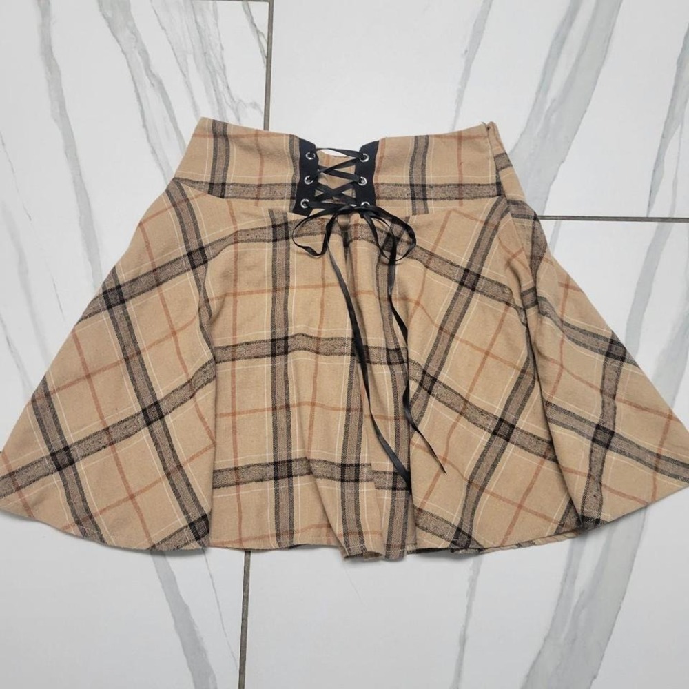 Tan plaid mini skirt with lace up detail Academia Goth M